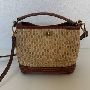 Mango Raffia-Effect Bucket Bag Crossbody Strap Brown Leather Trim Gold Hardware
